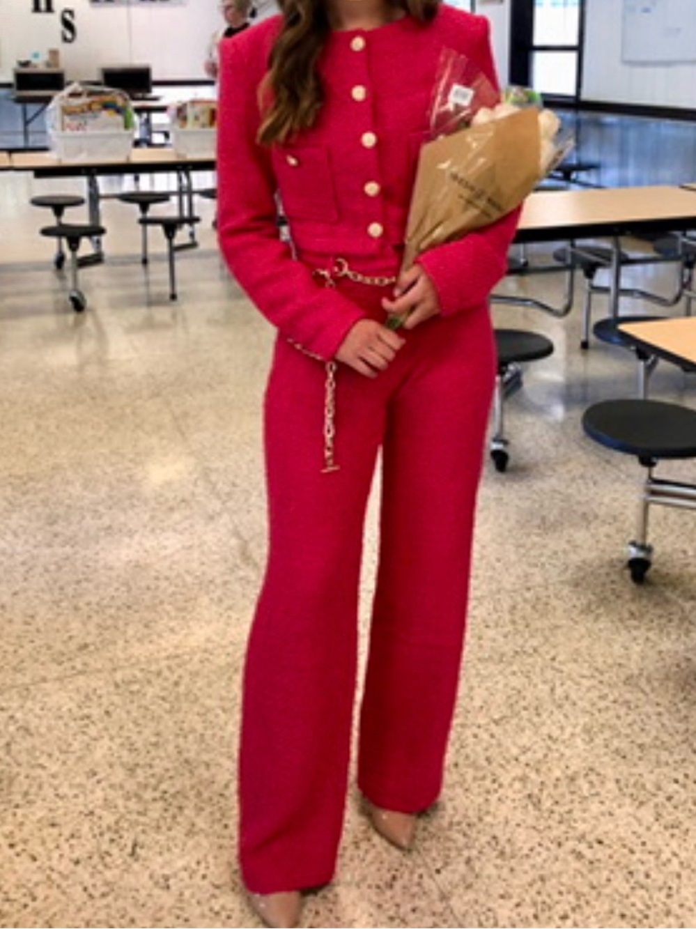 L'ATISTE Vibrant Pink Tailored Wide-Leg Jumpsuit with Gold Accents